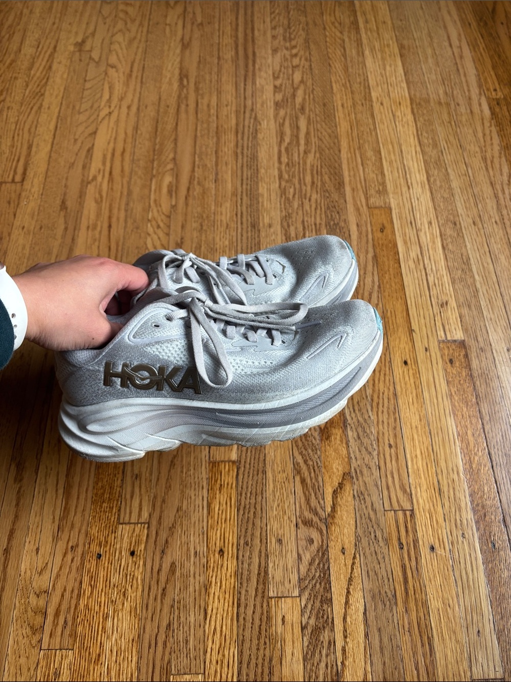 Hoka Clifton 10- white/gray platform running sneakers